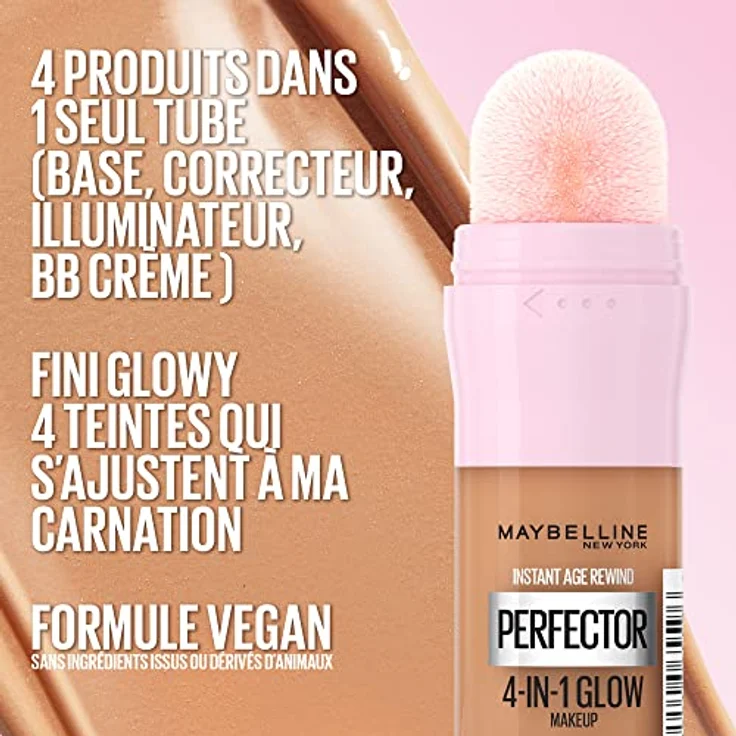 Maybelline New York 4-in-1 Make Up mit Concealer, BB Cream, Highlighter und Primer, für einen perfekten Teint, Foundation mit leichter Deckkraft, Instant Perfector Glow, Nr. 1.5 Light Medium, 20 ml – Bild 4