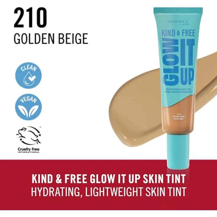 Rimmel Kind & Free Glow It Up, leichtes feuchtigkeitsspendendes Make-up, Farbton 210 Golden Beige, 30 ml – Bild 5