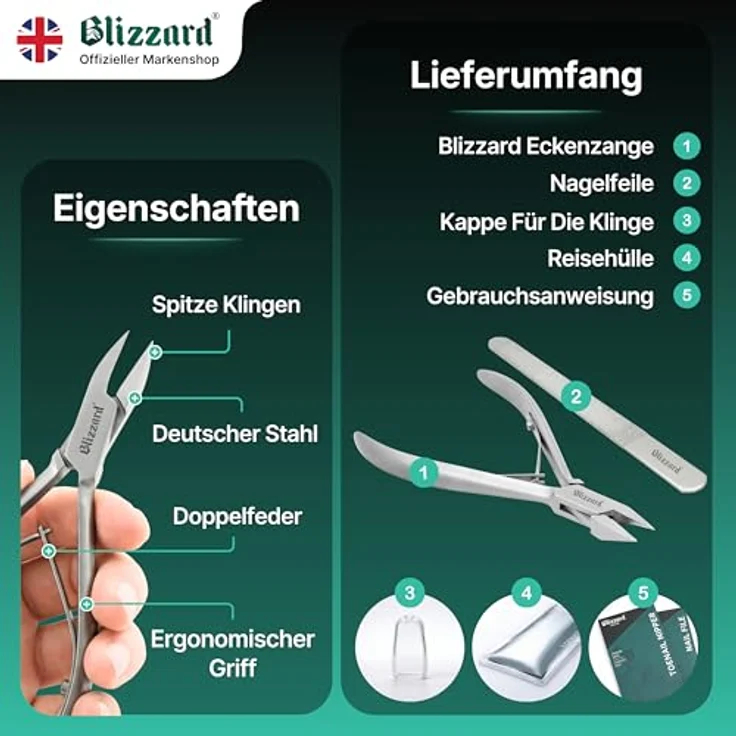 Blizzard Nagelzange für Fußnägel, extra schlanke Eckenzange mit spitzer Schneide für eingewachsene Zehennägel & Nagelfalz, Profi Podologie Fußpflege Werkzeug aus Edelstahl, 13 cm inkl. Metall Nagelfeile – Bild 4