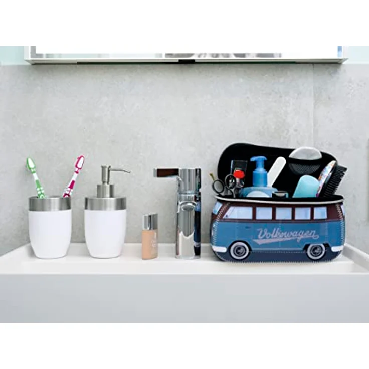 BRISA VW Collection - Volkswagen Neopren Universal-Schmink-Kosmetik-Kultur-Reise-Apotheke-Tasche-Mäppchen-Beutel T1 Bulli Bus (Petrol & Braun/Klein) – Bild 5