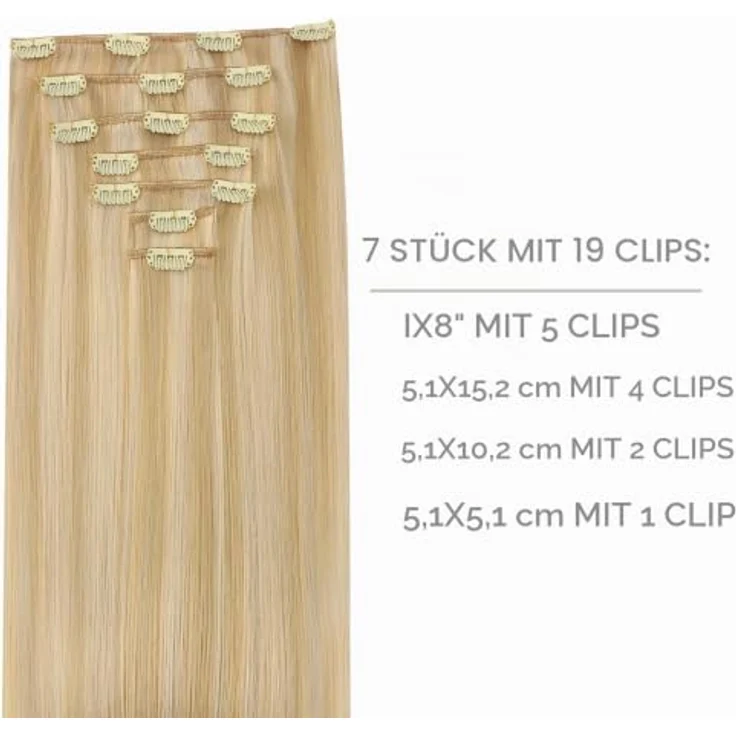 WENNALIFE Clip in Extensions Echthaar, 50cm 120g 7pcs Hellblond Highlights Goldblond, Remy Haarverlängerung mit silikonverstärkten Clips – Bild 2