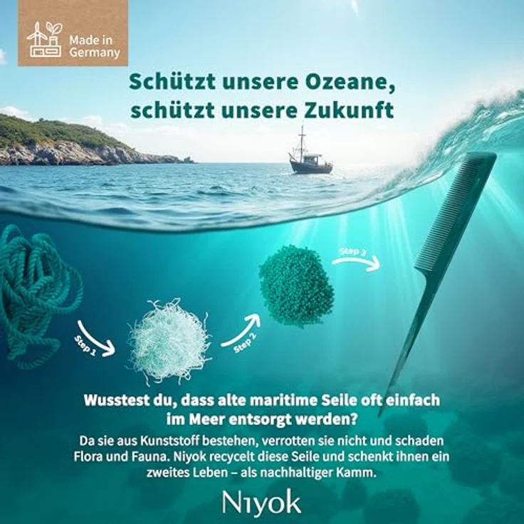 Niyok Stielkamm aus recycelten maritimen Seilen, 99% Recyclingkunststoff, ideal zum Toupieren, Abteilen & Stylen, Made in Germany – Bild 2