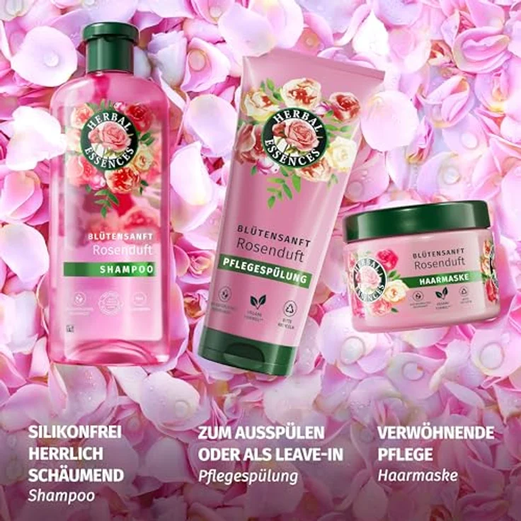 Herbal Essences Blütensanft Haarmaske mit Rosenduft 300ml - Von stumpfem Haar zu seidig glänzenden Haaren, Vegan, natürliche Rosenessenzen – Bild 5