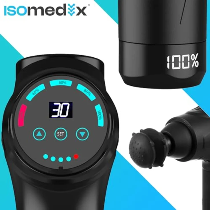 ISO TRADE ISOMEDIX Massagepistole, Schwarz, 30 Intensitätsstufen, 12 Massagaufsätze, ergonomisches Design, leises Arbeiten, Transportkoffer – Bild 2