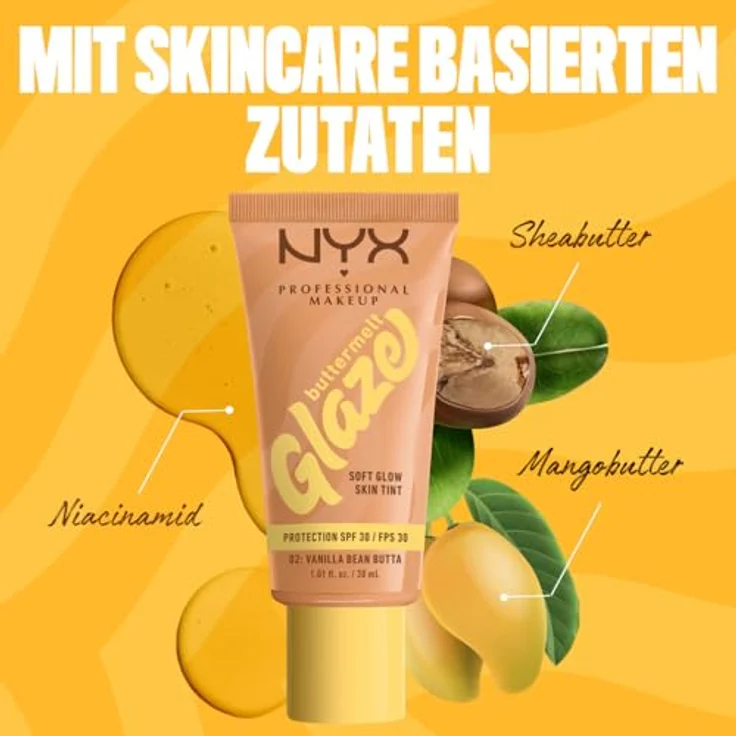NYX PROFESSIONAL MAKEUP Buttermelt Glaze Foundation, LSF 30, 30 ml, Farbton: 02 Vanilla Bean Butta, mit Sheabutter, Mangobutter und Niacinamide – Bild 5