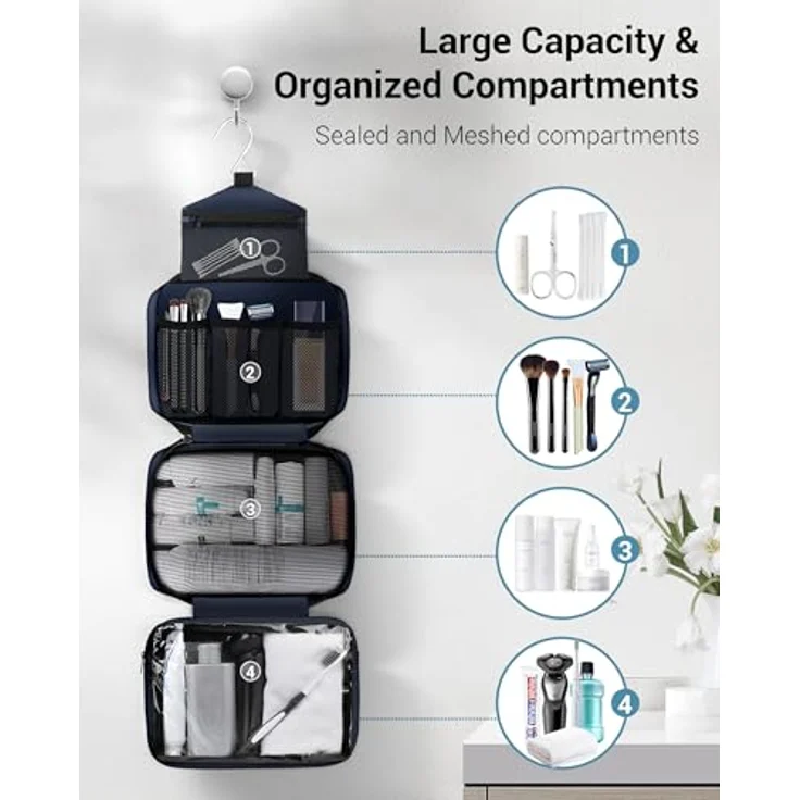 Maliton Kulturbeutel zum Aufhängen, wasserdicht, große Reisetasche mit 4 Fächern, faltbar und kompakt, navy blue – Bild 2