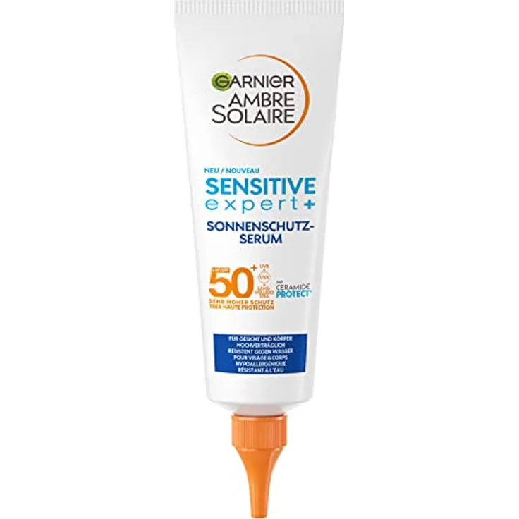 Garnier Sonnenschutz Serum mit LSF50+ für sensible Haut, Wasserfeste Sonnencreme für Gesicht und Körper, Rückstandslose, nicht fettende Formel mit Ceramiden, Ambre Solaire Sensitive expert+, 1 x 125 ml