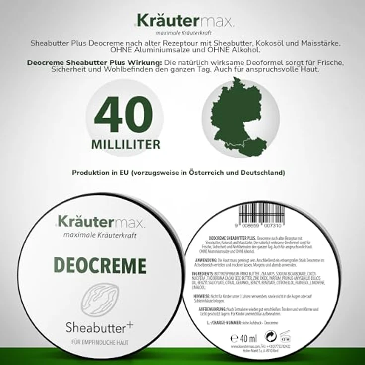 Kräutermax. Sheabutter Deocreme Deo Naturkosmetik Pflege Cremig mit Shea Butter, 40 ml  - Aluminiumfreies Deo mit Sheabutter, Kokosöl und Maisstärke – Bild 2