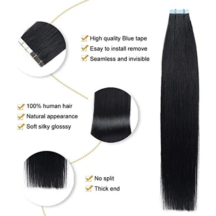 YILITE Tape Extensions Echthaar, 35cm Jet Black, 20 Stück/Packung, 40g, seidig gerade, wiederverwendbar, Skin Weft – Bild 3