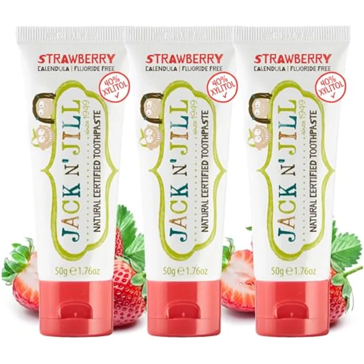 Jack N' Jill Kids Natural Toothpaste, Made With Natural Ingredients, Helps Soothe Gums & Fight Tooth Decay, Suitable From 6 Months+ - Strawberry Flavour 3 x 50g