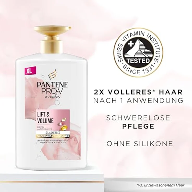 Pantene Pro-V Lift & Volume Haarverdickende Pflegespülung mit Biotin, Silikonfrei, 1000ml Pumpspender, für sichtbar dickeres und volleres Haar, angereichert mit Antioxidantien – Bild 3