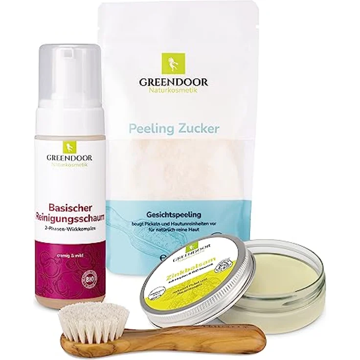 GREENDOOR Anti-Pickel-Set Exclusive, mit antibakteriellem Neemöl und Salbei, 150ml basischer Reinigungsschaum, Gesichtspeeling, Olivenholz Gesichtsbürste, Naturkosmetik ohne Tierversuche – Bild 1