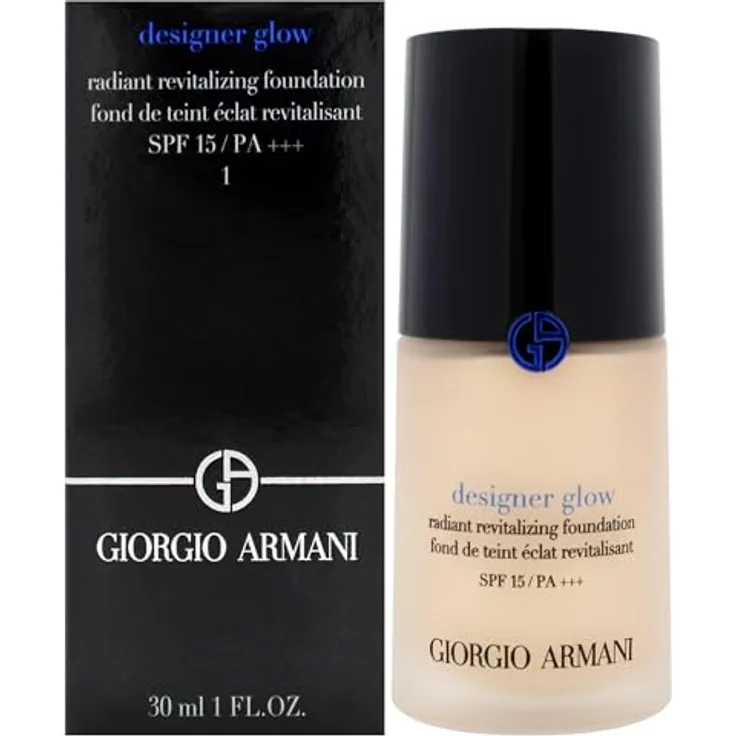 Giorgio Armani Designer Glow Radiant Revitalizing Foundation SPF 15 Plus, 1 for Women, 300 ml, Prussian Blue Pigments, Light-Reflective Pearls