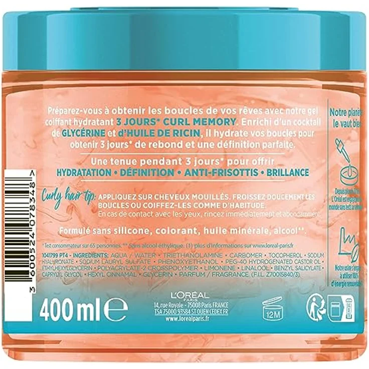 L'Oréal Paris Elseve Dream Long Curls, Feuchtigkeitsspendendes Stylinggel mit 3 Tage Curl Memory, Rizinusöl, silikonfrei, 400 ml – Bild 2