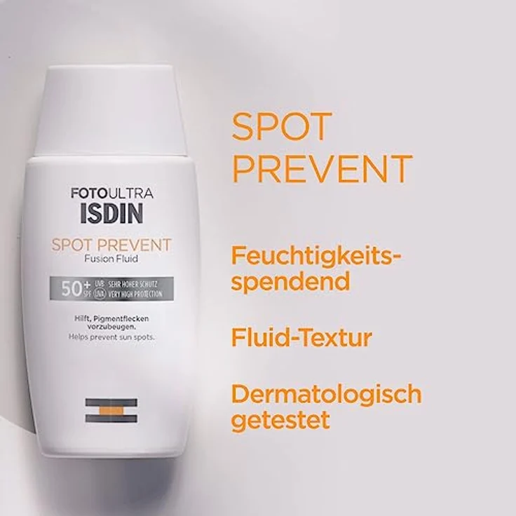 Isdin FotoUltra Spot Prevent LSF 50+, Fusion Fluid Textur, sehr hoher Schutz, Verhindert Pigmentflecken, 50 ml – Bild 2
