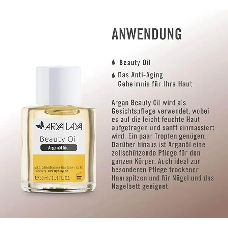 ARYA LAYA Beauty Oil Argan bio, 30 ml: Anti-Aging-Geheimnis für Ihre Haut, unterstützt die Zellerneuerung, schützt vor Feuchtigkeitsverlust, nährt & strafft, vegan – Bild 3