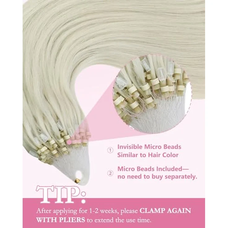 YoungSee Microring Extensions Platinblond, 55 cm Echthaar Microloop Haarverlängerung mit Kaltfusion, 50g Remy Microbead Extensions – Bild 4