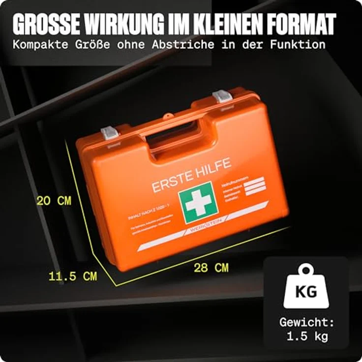 Werkstein Erste-Hilfe-Koffer ÖNORM Z1020 Typ1 - Verbandskasten inkl. praktischer Wandhalterung, (5x Aufkleber, Gesichtsmasken, Feuchttücher & Plombe, 1 St) - Erste Hilfe Koffer für Betriebe, Einrichtungen & Zuhause, blau – Bild 9