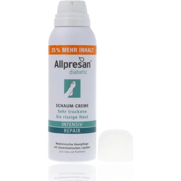 Allpresan diabetic INTENSIV + REPAIR mit Urea Schaum-Creme - bei Diabetes mellitus - für sehr trockene bis rissige Fußhaut - 125ml, pflegende Schaum-Creme zur intensive Feuchtigkeitsversorgung – Bild 2