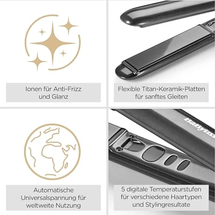 BaByliss ST260E Titanium Shine Glätteisen, Titan-Keramik-Technologie, 5 Temperatureinstellungen 150–230°C, weltweit nutzbar, Silber – Bild 2