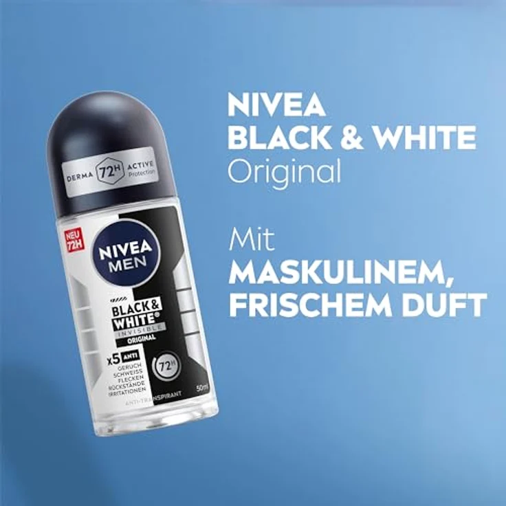 NIVEA MEN Black & White Invisible Original Deo Roll-On, 72h Antitranspirant mit Anti-Flecken-Technologie, alkoholfrei, frischer Duft, 50 ml – Bild 5