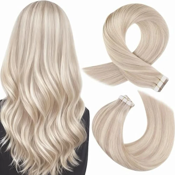 Moresoo Tape Extensions Echthaar #P18/613, 55 cm, Unsichtbare Tape in Extensions, Blond Aschblond mit Platinblond, 20 Stück, 50 Gramm – Bild 1
