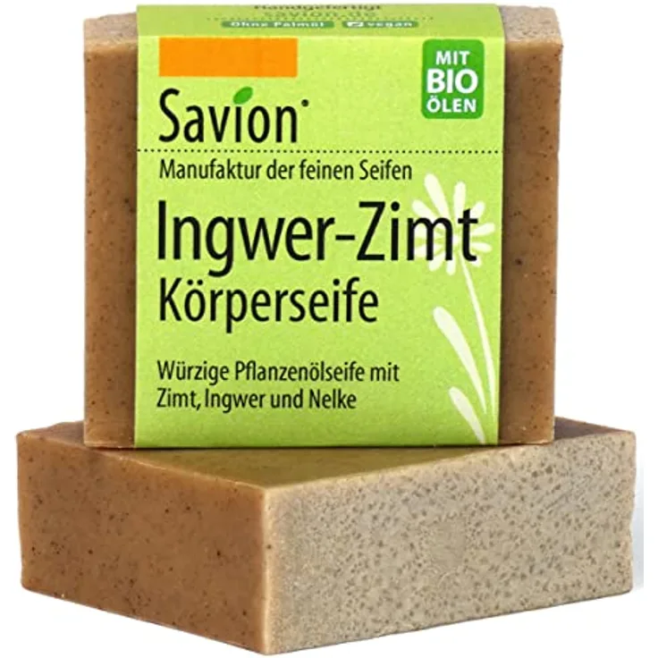 Savion Ingwer-Zimt Körperseife, Würzige Pflanzenölseife, Palmölfrei, Vegan, Tierversuchsfrei, 80g