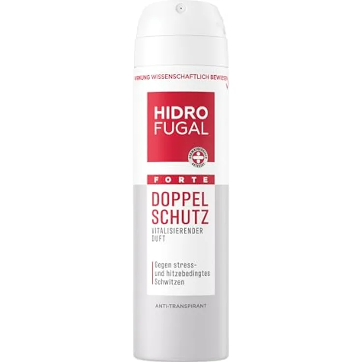 Hidrofugal FORTE DOPPEL SCHUTZ Spray, starker Antitranspirant Schutz gegen stress- und hitzebedingtes Schwitzen, Deospray ohne Ethylalkohol mit vitalisierendem Duft, 150 ml