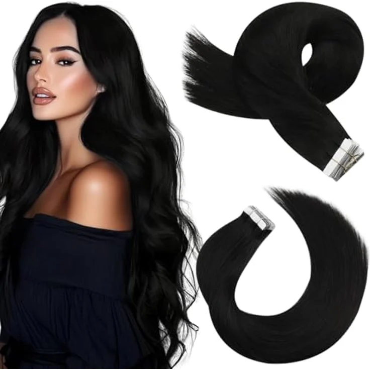 Moresoo Tape Echthaar Extensions Schwarz, 100% Remy Hair, Skin Weft, 20 Stück, 50 Gramm, 60 cm – Bild 1
