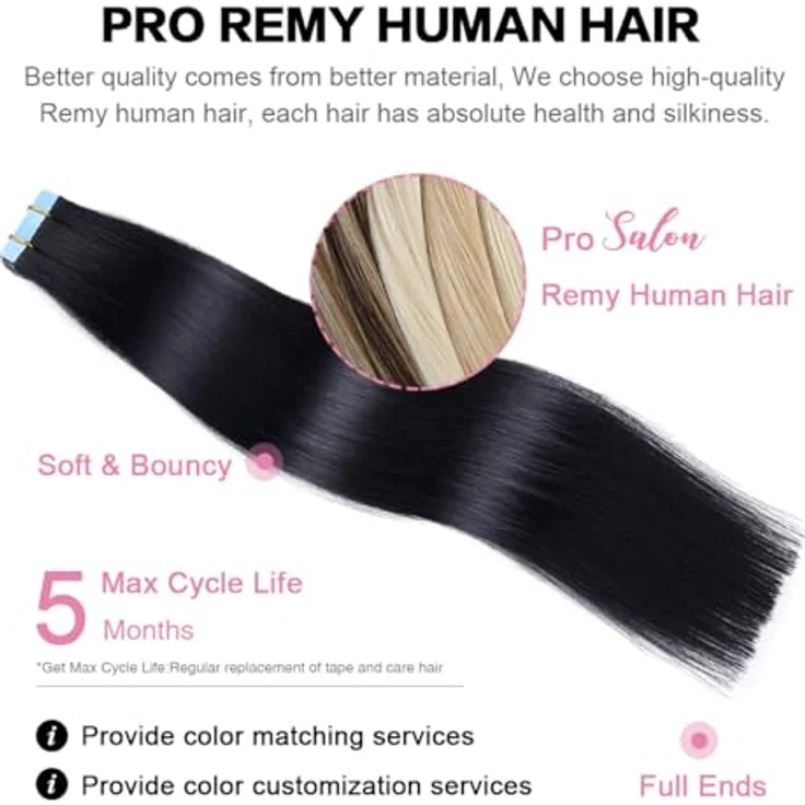 SUYYA Tape Extensions Echthaar, Invisible Tape in Extensions, seidig glatt, Remy Haarverlängerungen, 22 Zoll, 20 Stück, 50G, #1 Tief Schwarz – Bild 4
