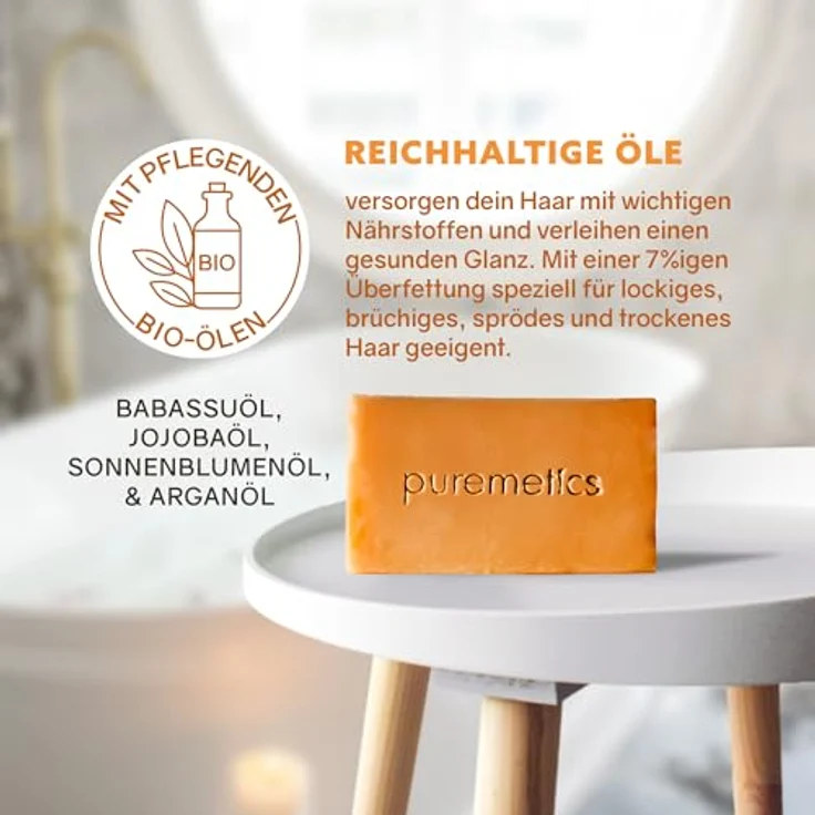 Puremetics Haarseife Zitrone-Vanille, 75g, veganes Shampoo mit Bio-Ölen und 7% Überfettung, orange – Bild 3