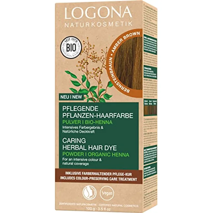 LOGONA Naturkosmetik Pflegende pflanzliche Haarfarbe, Veganes Haarfarbe-Pulver mit Bio-Henna für intensive Farbe und Glanz, Pflanzenhaarfarbe in Bernsteinbraun (Braun), 1 x 100g