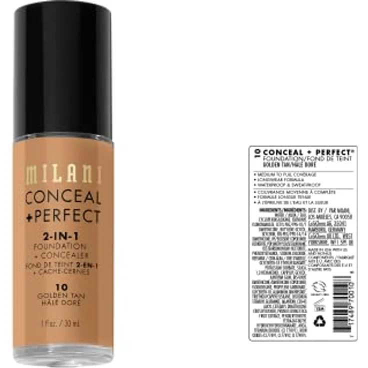 Milani Conceal + Perfect 2in1 Foundation, wasserfeste 30 ml, Farbe Golden Tan/10 – Bild 2