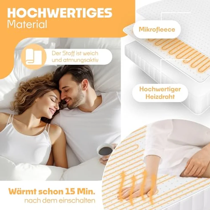 KESSER Wärmeunterbett mit Abschaltautomatik Fernbedienung Heizdecke mit 3 Temperaturstufen Wärmebettunterlage fürs Bett Matratzenheizung Wärmedecke aus weichem Vlies Heizkissen 160x140cm, Weiß – Bild 6
