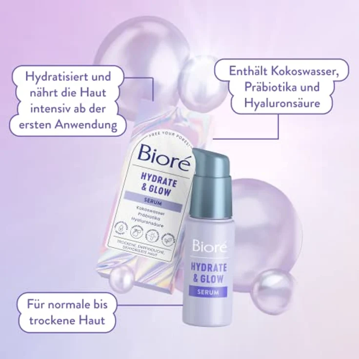 Biore Hydrate und Glow - Gesichts-Serum - 29 ml - Trockene, empfindliche, dehydrierte Haut - Mit Kokoswasser, Präbiotika und Hyaluronsäure – Bild 3