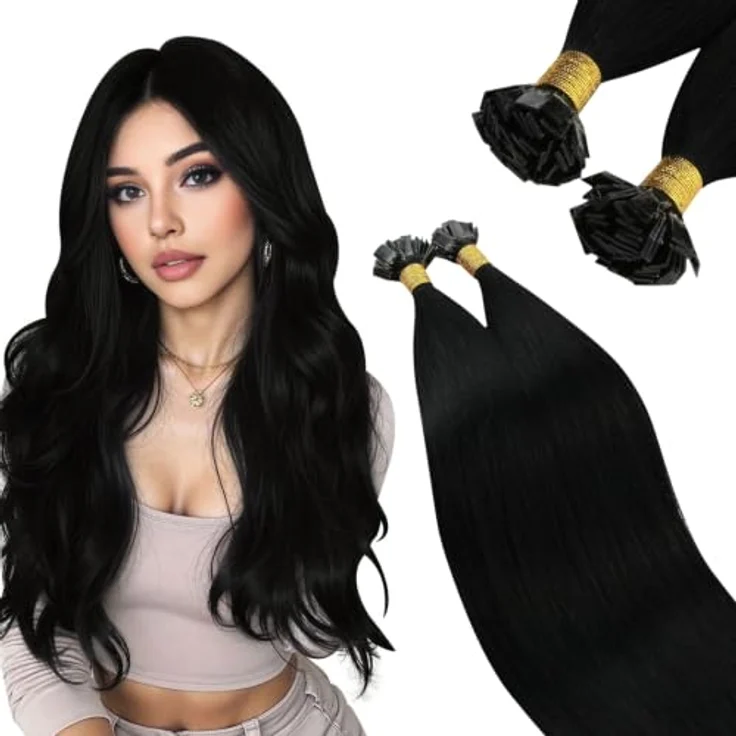 Ugeat Flat Tip Extensions, Echthaar Bondings Schwarz, 60 cm, 50 Strähnen, Remy, Keratin-Bond für nahtlose Haarverlängerung – Bild 1