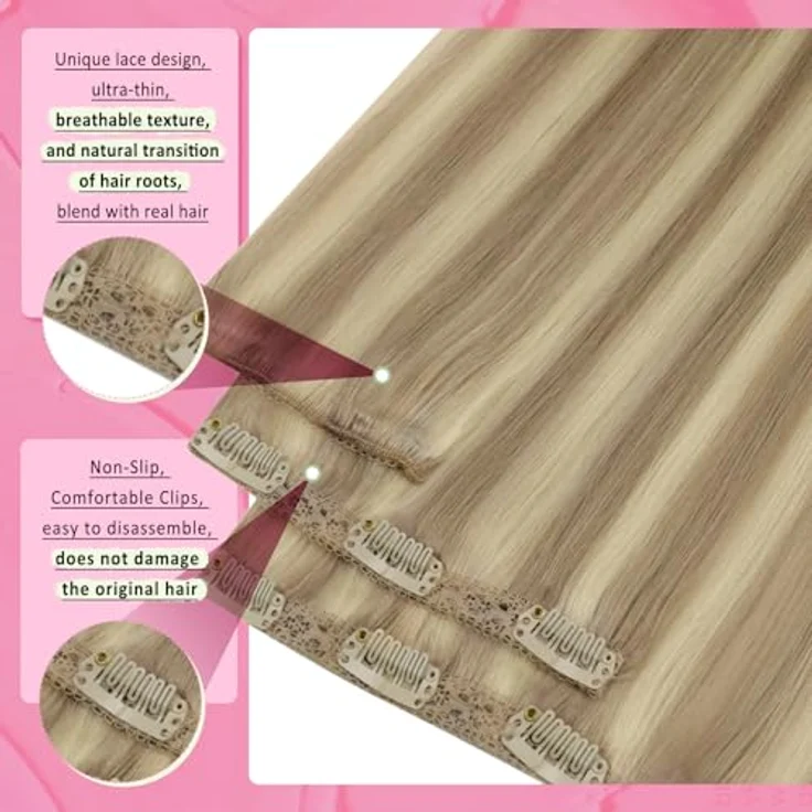 YoungSee Echthaar Extensions Clip-In, 50 cm, 120 g, Goldblond #16/22, geeignet für Volumen und Länge – Bild 3