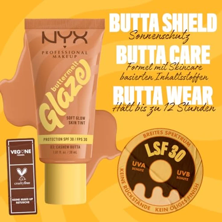 NYX PROFESSIONAL MAKEUP Buttermelt Glaze Foundation, LSF 30, Sheabutter, Mangobutter, Niacinamide, 30 ml, Farbton: 03 Cashew Butta – Bild 4