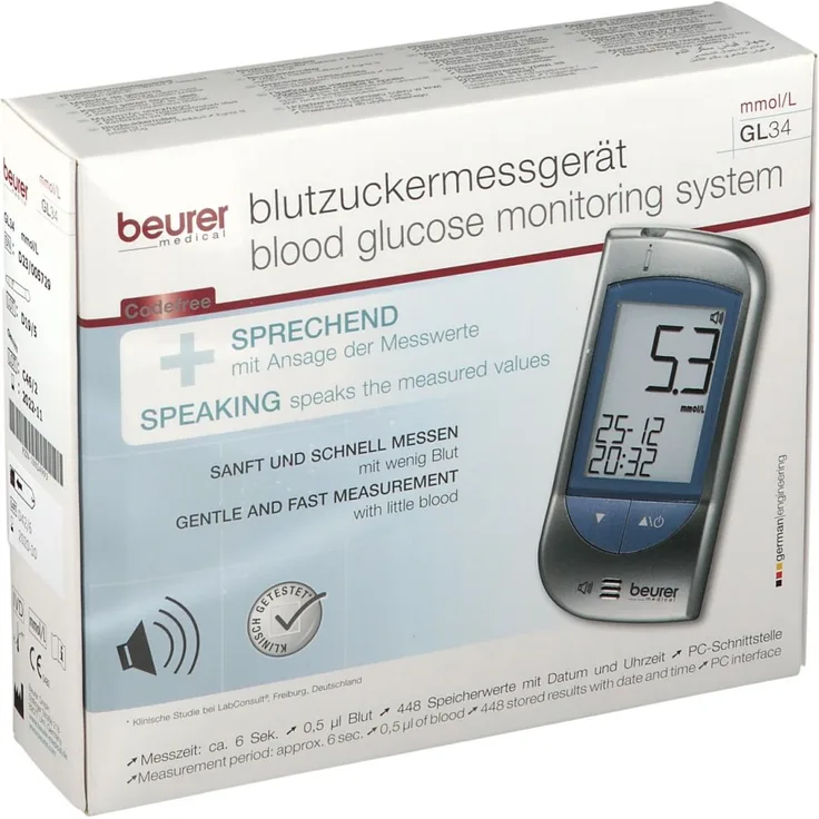 Beurer GL34 Blutzuckermessgerät, präzise Messung in mmol/l, 1 St Gerät