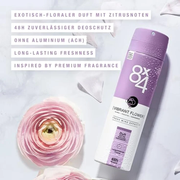 8X4 Vibrant Flower Deospray, Deo ohne Aluminium (ACH) mit 48h Schutz und exotisch-floralem Duft, 150 ml – Bild 2