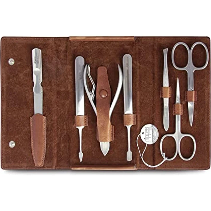 Nippes Whiskey Maniküre-Set braun, inkl. Hautschere, Nagelschere, Saphirfeile, Pinzette, Reiniger, Nagelzange & Drücker, aus rostfreiem Stahl, Rindleder-Etui – Bild 3