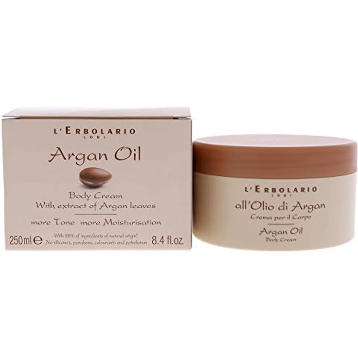 L'Erbolario Arganöl Körpercreme, Pflegende, Belebende und Feuchtigkeitsspendende Creme für trockene Haut, 250 ml