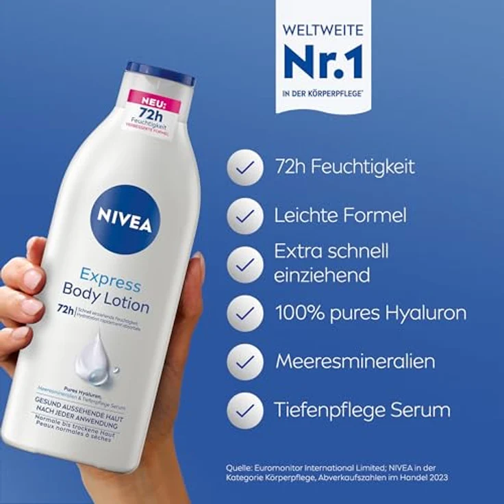 NIVEA Body Express Feuchtigkeit Bodylotion, 400ml, mit Hyaluron und Meeresmineralien, schnell einziehend, nicht-fettend – Bild 2