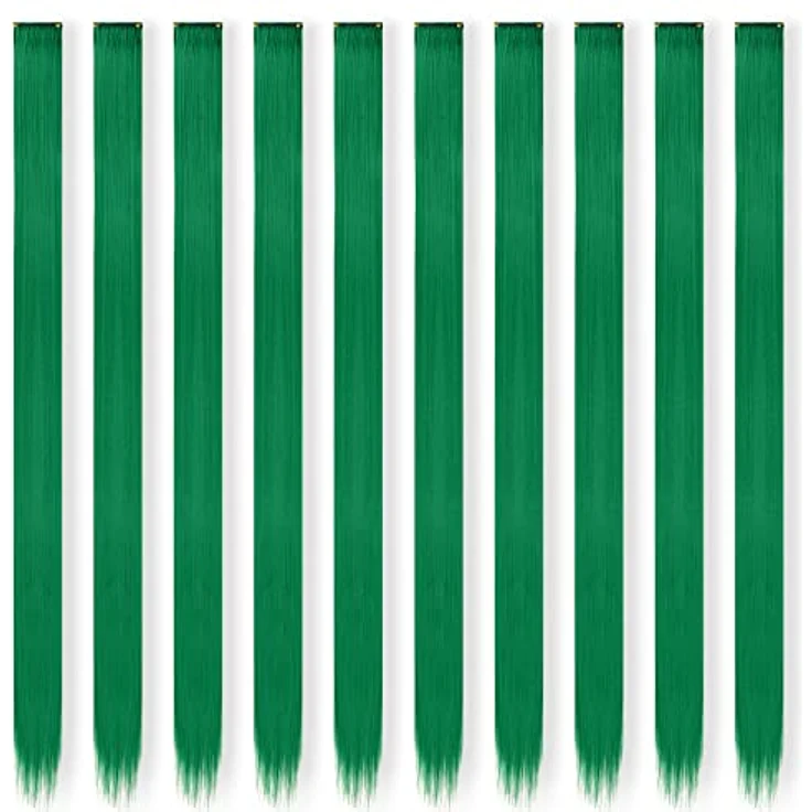 FESHFEN Farbige Haarverlängerung, 10 PCS Grüne Synthetik Clip-in Haarteile, Bunte Glatte Haare für Damen, 55 cm, Ideal für Saint Patrick's Tag – Bild 2
