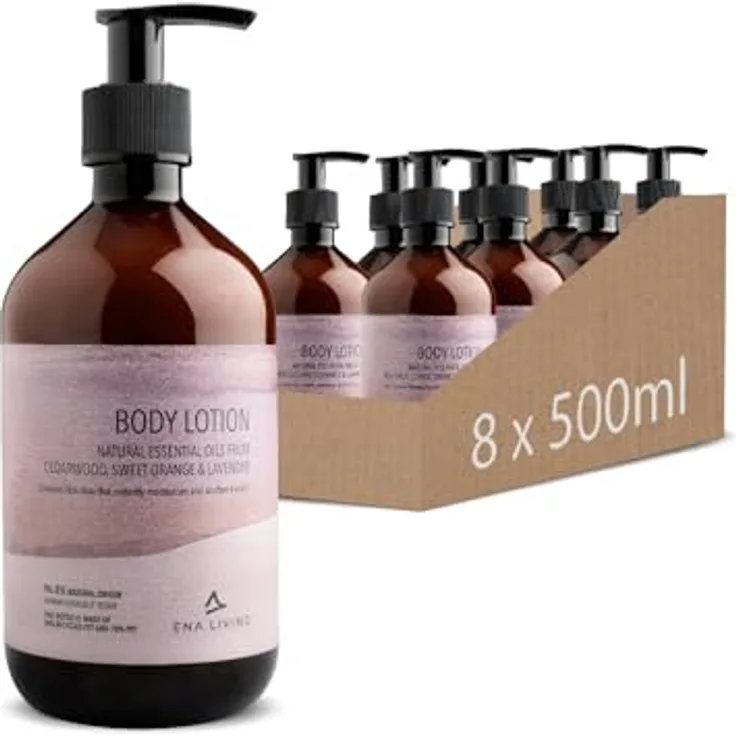 ABENA ENA Living Body Lotion mit ätherischen Ölen, Bulk-Pack, 500 ml, 8 Stück | Körpercreme mit Zedernholz, Süßorange & Lavendel | Luxuriöse Bodylotion für alle Hauttypen | Multipack