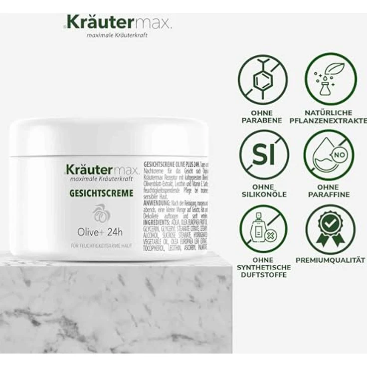 Kräutermax Oliven Gesichtscreme mit Olivenöl und Olivenblattextrakt, feuchtigkeitsspendende Pflege für trockene und sensible Haut, 100 ml – Bild 4