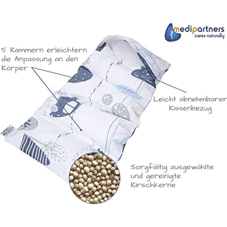 Medi Partners Kirschkernkissen Mikrowelle 60x20cm, 800g Wärmekissen aus 100% Baumwolle mit abnehmbarem Bezug und 5 Kammern, Retro Cars Design – Bild 4