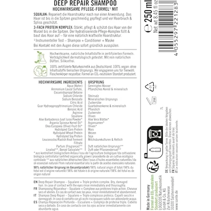 SANTE Naturkosmetik Deep Repair Shampoo Squalan + 3-Fach Protein Komplex, veganes Pflegeshampoo für geschmeidiges und glänzendes Haar, 250 ml – Bild 2