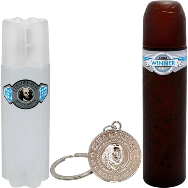 Cuba Cuba Winner 3-teiliges Herren Geschenkset, 100 ml EDT Spray, 100 ml After Shave, mit Schlüsselkette, holziger Duft – Bild 2