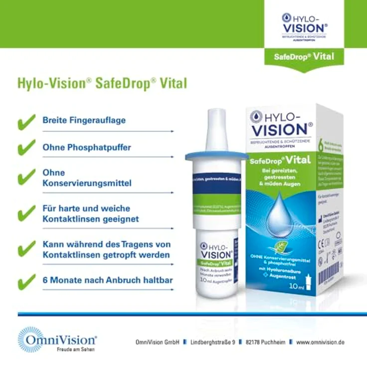 Hylo-Vision SafeDrop Vital Augentropfen – Bei gereizten, gestressten & müden Augen, Benetzung & Befeuchtung mit Hyaluronsäure & Augentrost, konservierungsmittelfrei, geeignet bei Kontaktlinsen, 10 ml – Bild 3